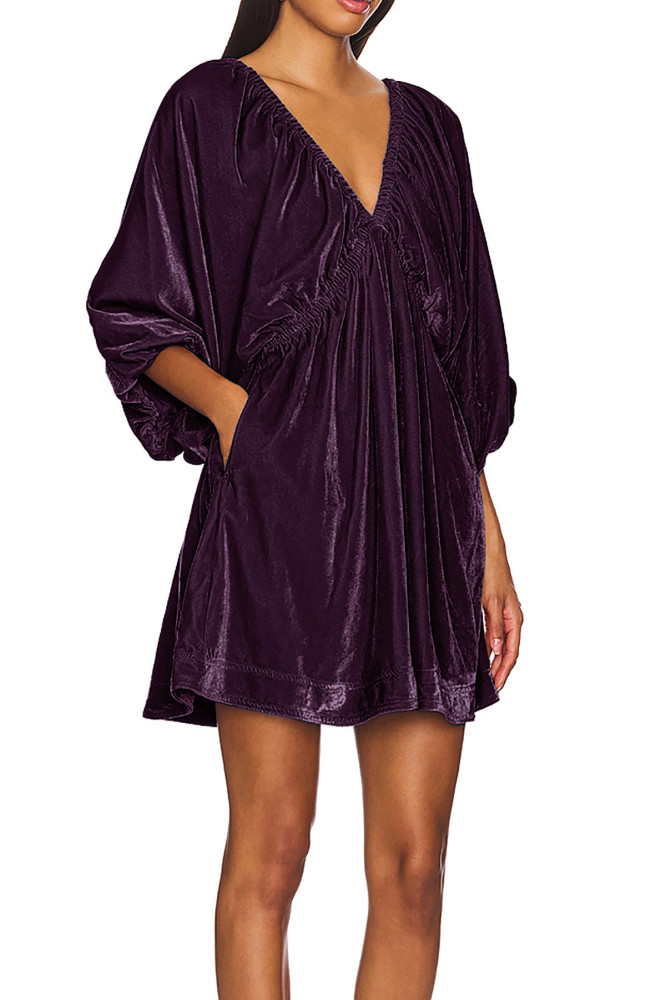 R.Vivimos Womens Fall Velvet Tunic Dress 2024 Trendy Sexy Deep V Neck 3/4 Sleeve Elastic Waist Loose Mini Dress with Pockets
