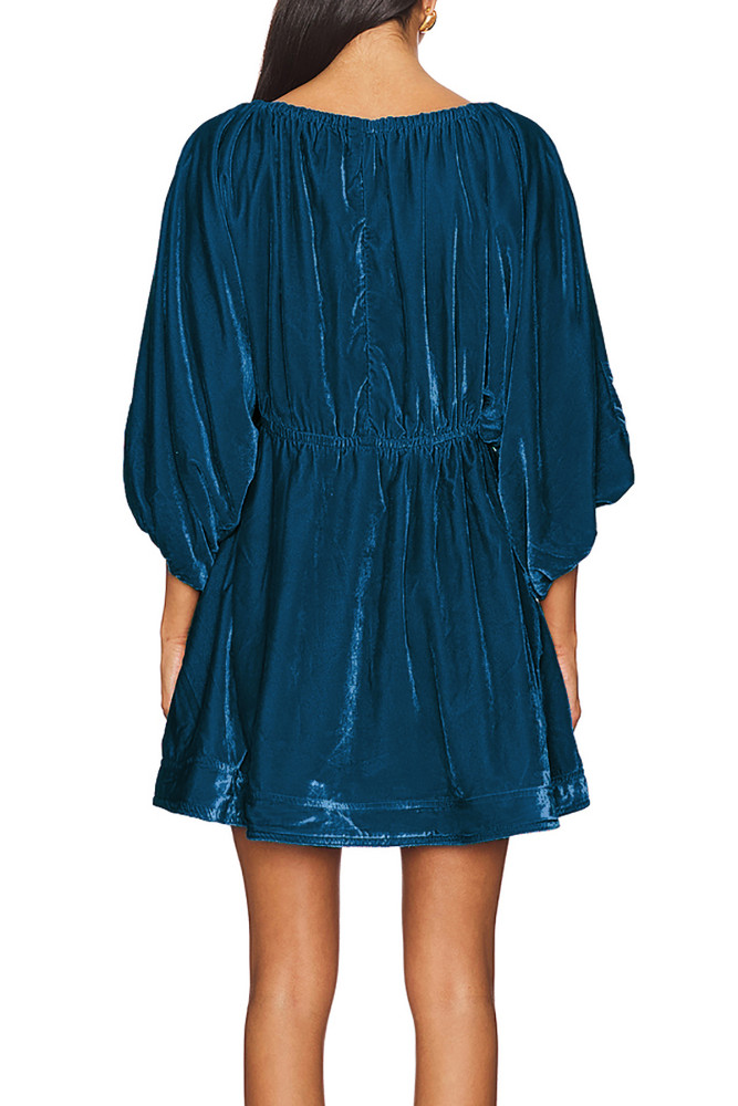 R.Vivimos Womens Fall Velvet Tunic Dress 2024 Trendy Sexy Deep V Neck 3/4 Sleeve Elastic Waist Loose Mini Dress with Pockets