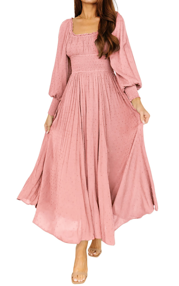 R.Vivimos Women's Puff Long Sleeve Maxi Dress Square Neck Elastic Empire Waist Swiss Dots Casual Flowy A-Line Long Dresses