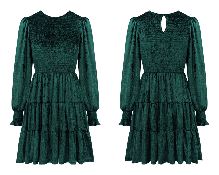 R.Vivimos Women's Fall Winter Crushed Velvet Dress Long Sleeve Crew Neck Elastic Smocked A-Line Tiered Ruffle Mini Dress