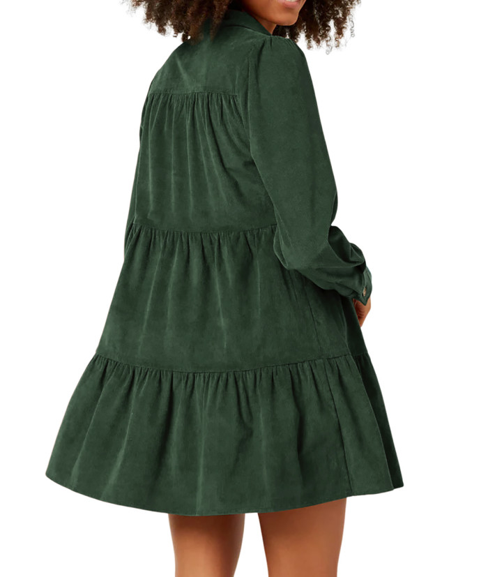 R.Vivimos Womens Fall Corduroy Dress 2024 Long Sleeve Button Down Tunic Mini Babydoll Dress with Pockets