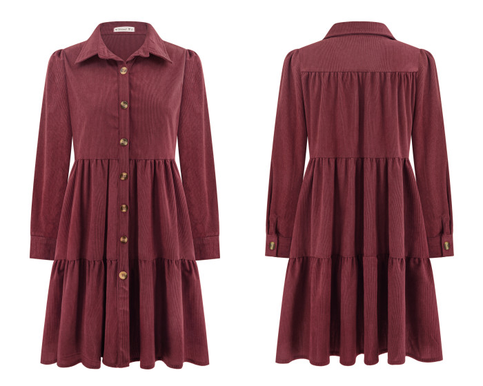 R.Vivimos Womens Fall Corduroy Dress 2024 Long Sleeve Button Down Tunic Mini Babydoll Dress with Pockets
