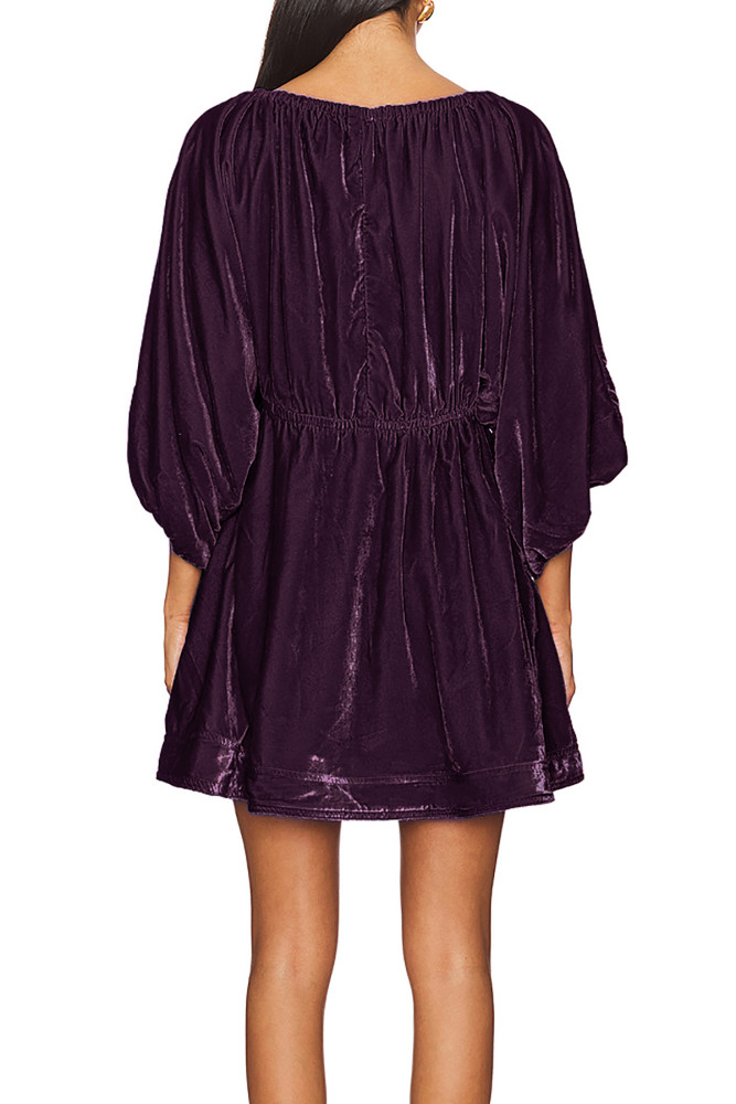 R.Vivimos Womens Fall Velvet Tunic Dress 2024 Trendy Sexy Deep V Neck 3/4 Sleeve Elastic Waist Loose Mini Dress with Pockets