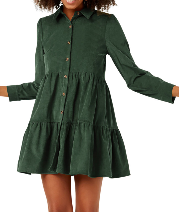 R.Vivimos Womens Fall Corduroy Dress 2024 Long Sleeve Button Down Tunic Mini Babydoll Dress with Pockets