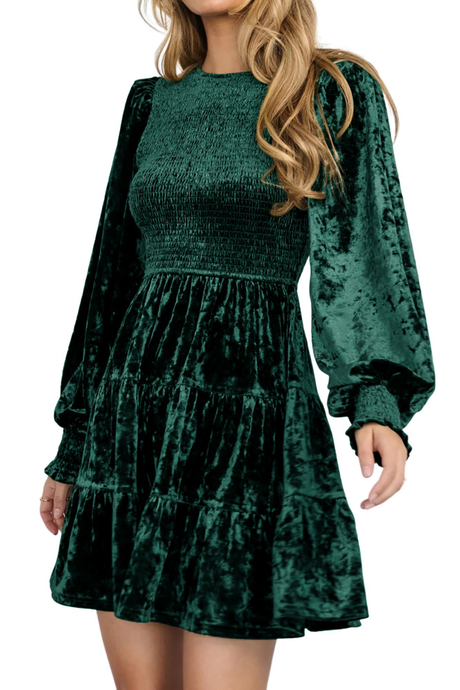 R.Vivimos Women's Fall Winter Crushed Velvet Dress Long Sleeve Crew Neck Elastic Smocked A-Line Tiered Ruffle Mini Dress