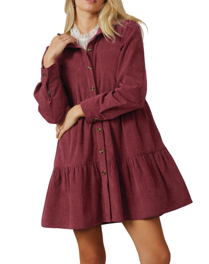 R.Vivimos Womens Fall Corduroy Dress 2024 Long Sleeve Button Down Tunic Mini Babydoll Dress with Pockets