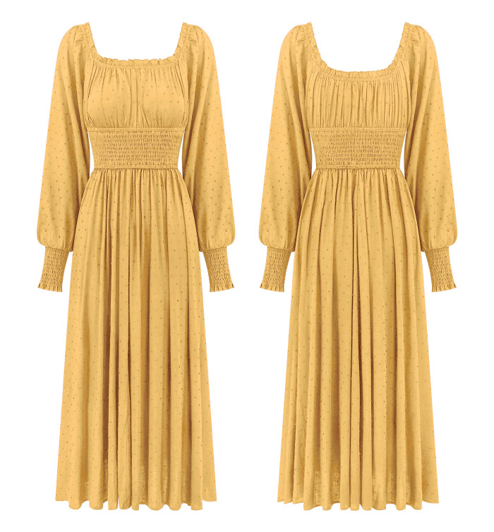 R.Vivimos Women's Puff Long Sleeve Maxi Dress Square Neck Elastic Empire Waist Swiss Dots Casual Flowy A-Line Long Dresses