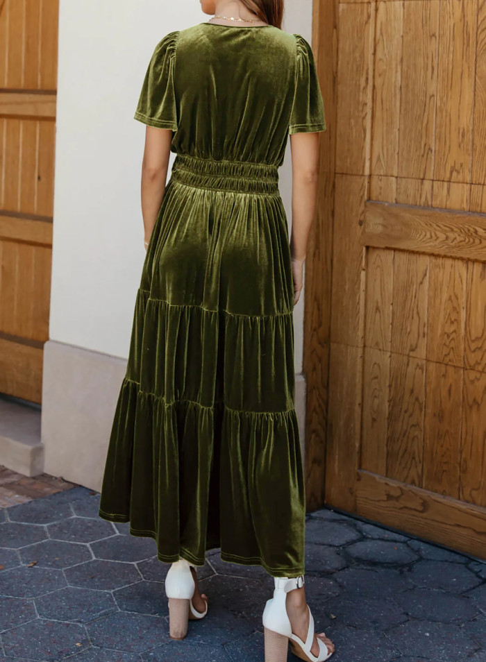R.Vivimos Women's Fall Winter Vintage Velvet Dress Short Sleeve V Neck Elastic Waist Tiered Ruffle A-Line Elegant Maxi Dress