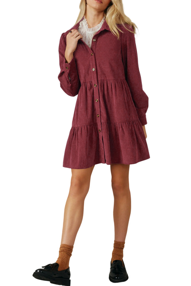 R.Vivimos Womens Fall Corduroy Dress 2024 Long Sleeve Button Down Tunic Mini Babydoll Dress with Pockets