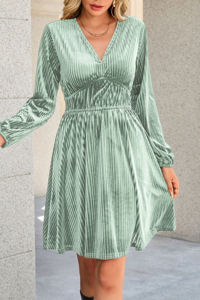 R.Vivimos Womens Fall Winter Velvet Striped Mini Dress 2025 Long Sleeve V Neck Elastic High Waist Elegant Casual A-Line Dress