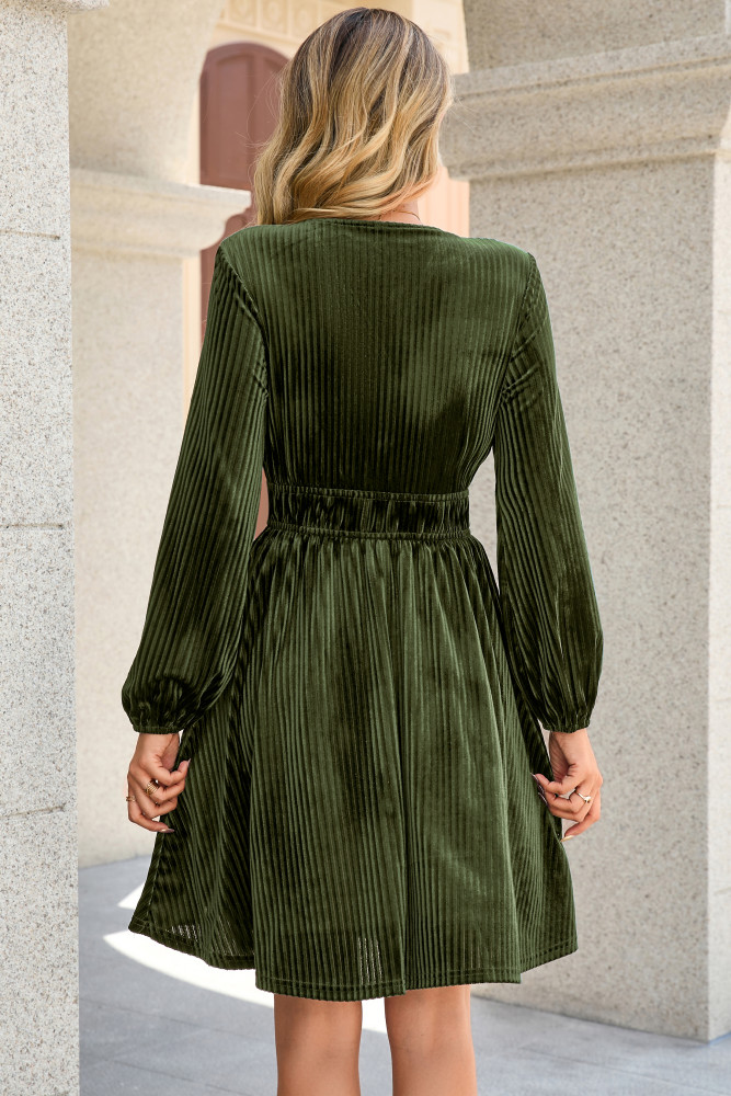 R.Vivimos Womens Fall Winter Velvet Striped Mini Dress 2025 Long Sleeve V Neck Elastic High Waist Elegant Casual A-Line Dress