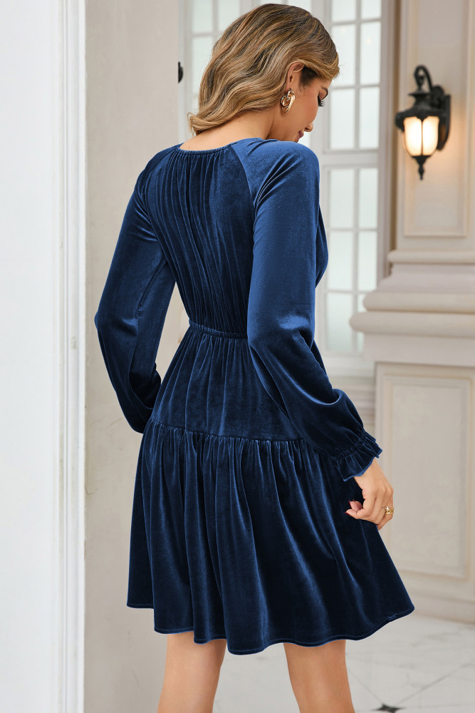 R.Vivimos Womens Fall Velvet Mini Dress V Neck Long Sleeve Elastic Waist Winter Tiered Flowy Swing A-Line Dress with Pockets