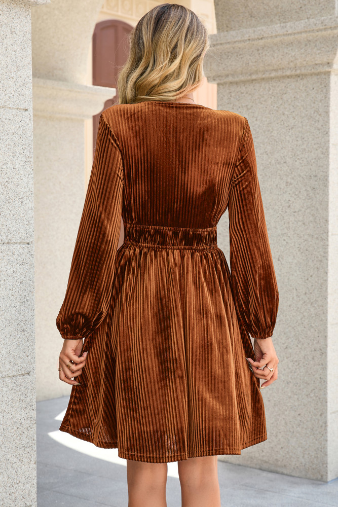 R.Vivimos Womens Fall Winter Velvet Striped Mini Dress 2025 Long Sleeve V Neck Elastic High Waist Elegant Casual A-Line Dress