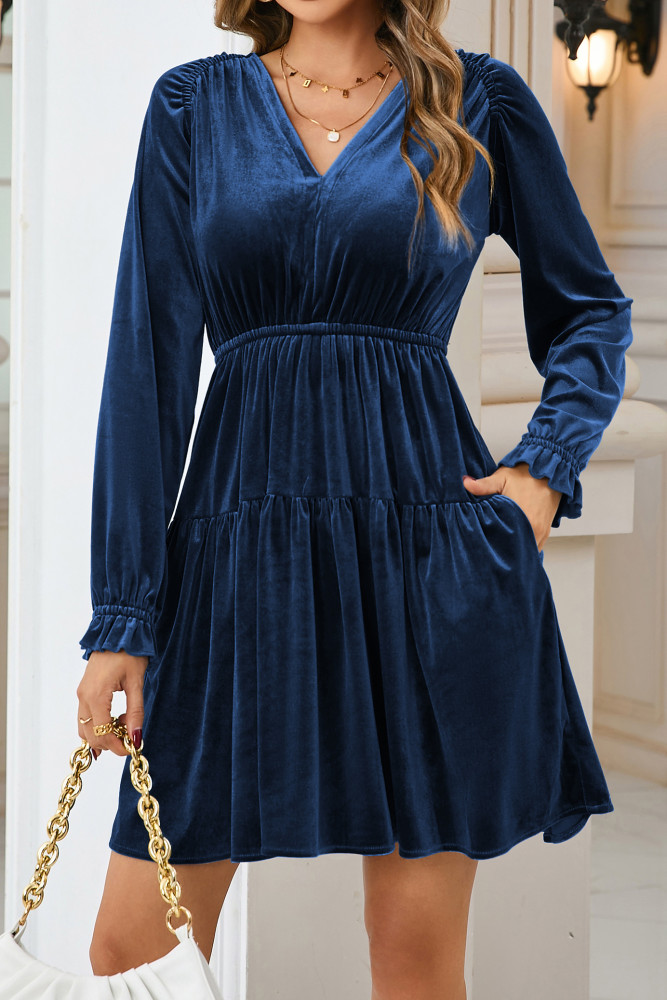 R.Vivimos Womens Fall Velvet Mini Dress V Neck Long Sleeve Elastic Waist Winter Tiered Flowy Swing A-Line Dress with Pockets