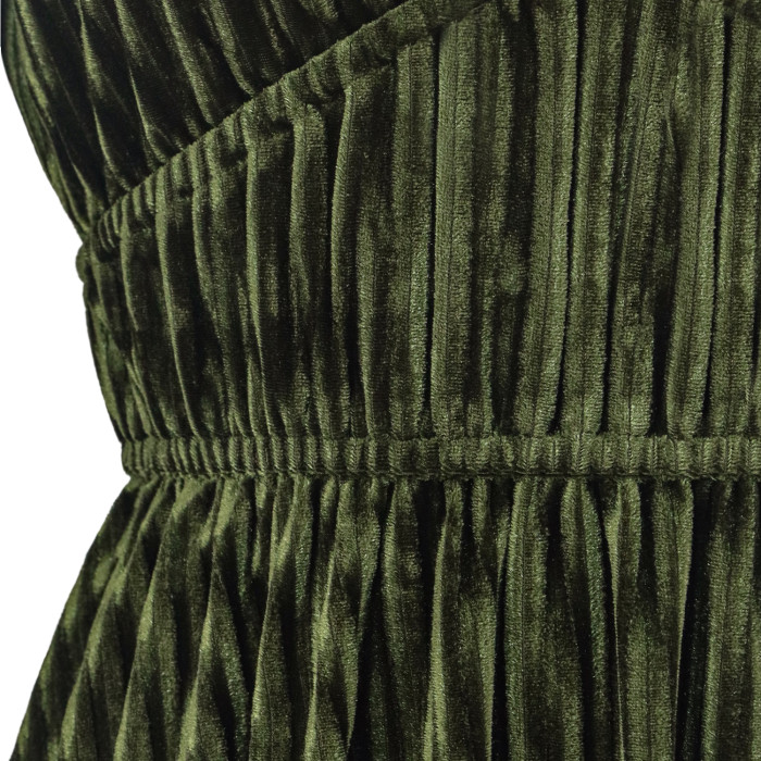 R.Vivimos Womens Fall Winter Velvet Striped Mini Dress 2025 Long Sleeve V Neck Elastic High Waist Elegant Casual A-Line Dress