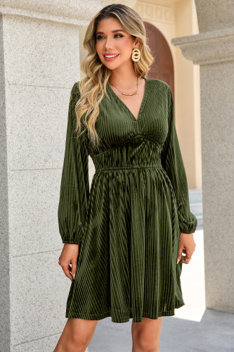 R.Vivimos Womens Fall Winter Velvet Striped Mini Dress 2025 Long Sleeve V Neck Elastic High Waist Elegant Casual A-Line Dress