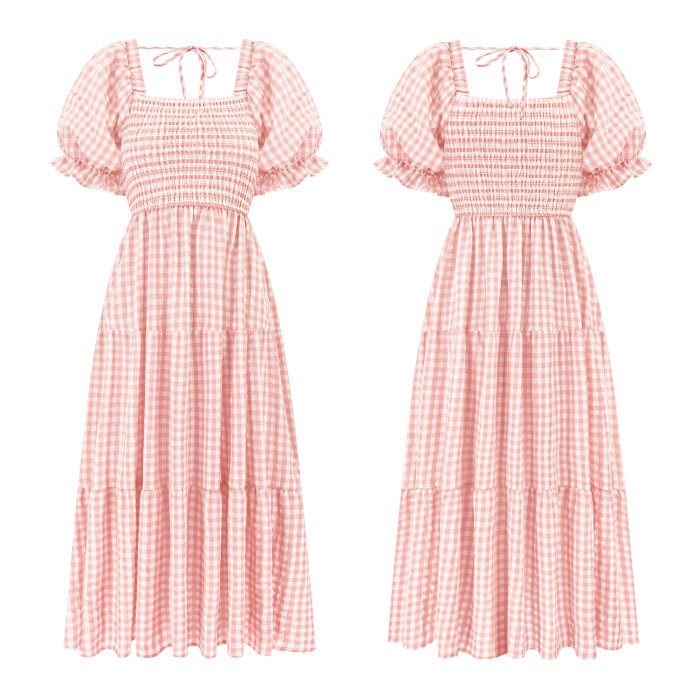 R.Vivimos Summer Boho Plaid Midi Dresses for Women 2025 Puff Sleeve Square Neck Casual Smocked Ruffle Tiered Flowy Dresses