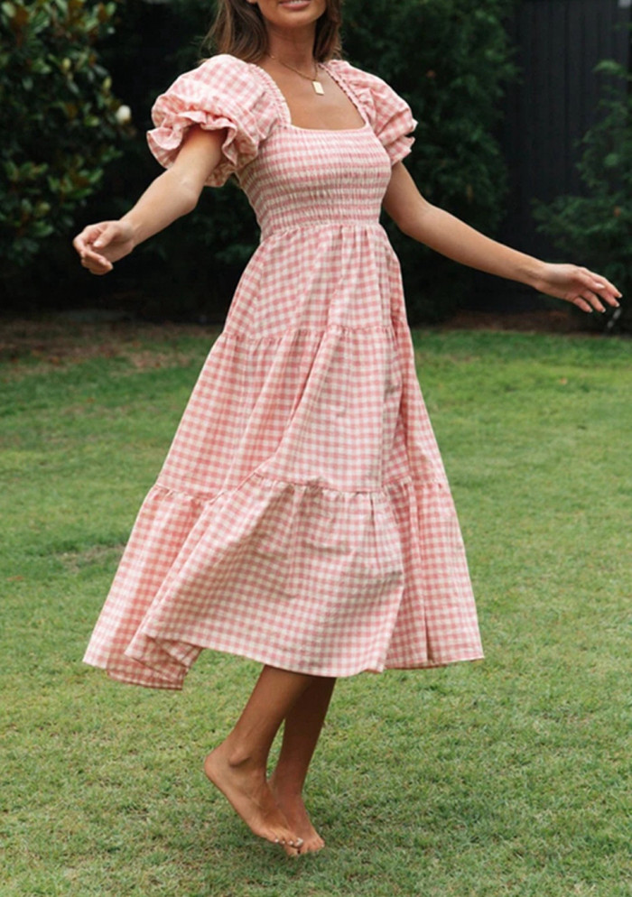 R.Vivimos Summer Boho Plaid Midi Dresses for Women 2025 Puff Sleeve Square Neck Casual Smocked Ruffle Tiered Flowy Dresses