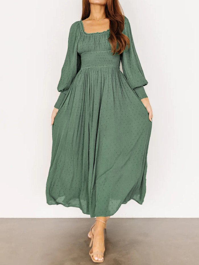 R.Vivimos Women's Puff Long Sleeve Maxi Dress Square Neck Elastic Empire Waist Swiss Dots Casual Flowy A-Line Long Dresses