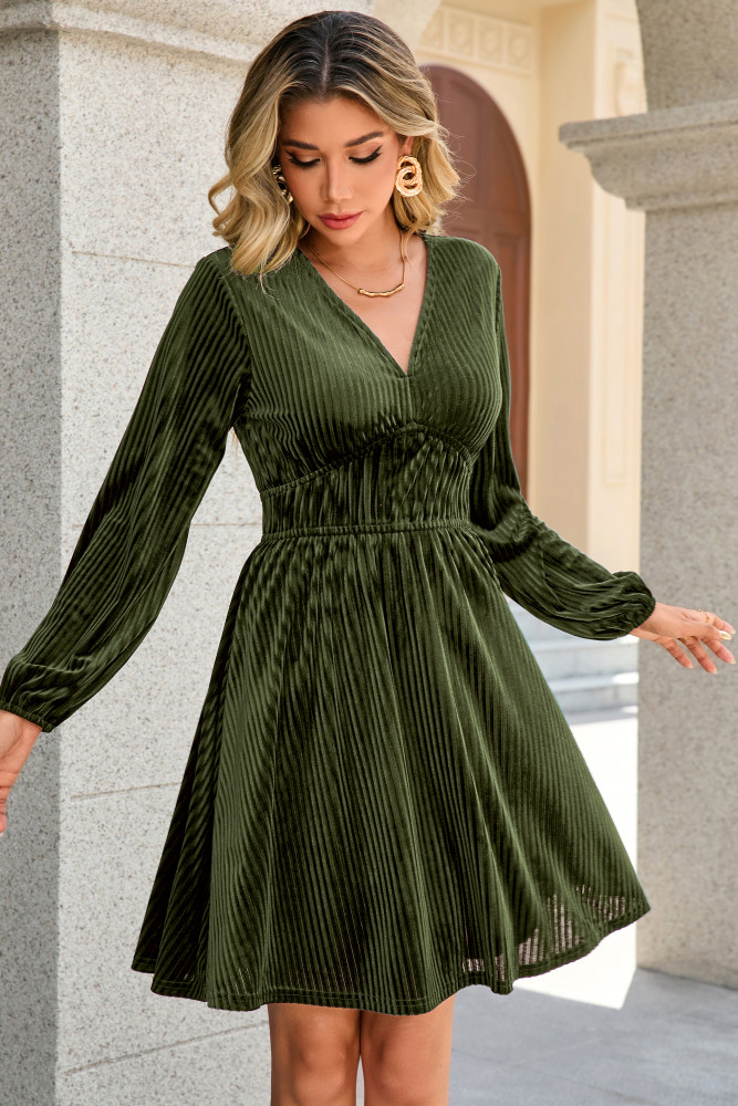 R.Vivimos Womens Fall Winter Velvet Striped Mini Dress 2025 Long Sleeve V Neck Elastic High Waist Elegant Casual A-Line Dress