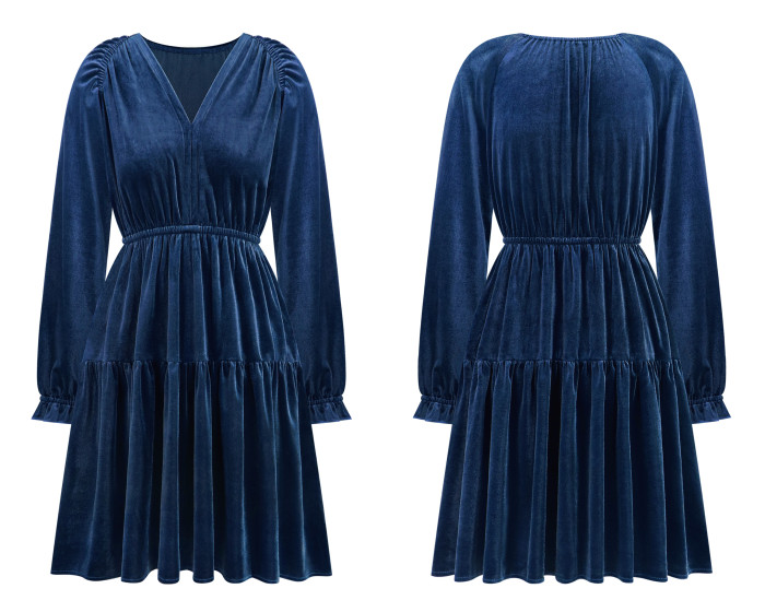R.Vivimos Womens Fall Velvet Mini Dress V Neck Long Sleeve Elastic Waist Winter Tiered Flowy Swing A-Line Dress with Pockets