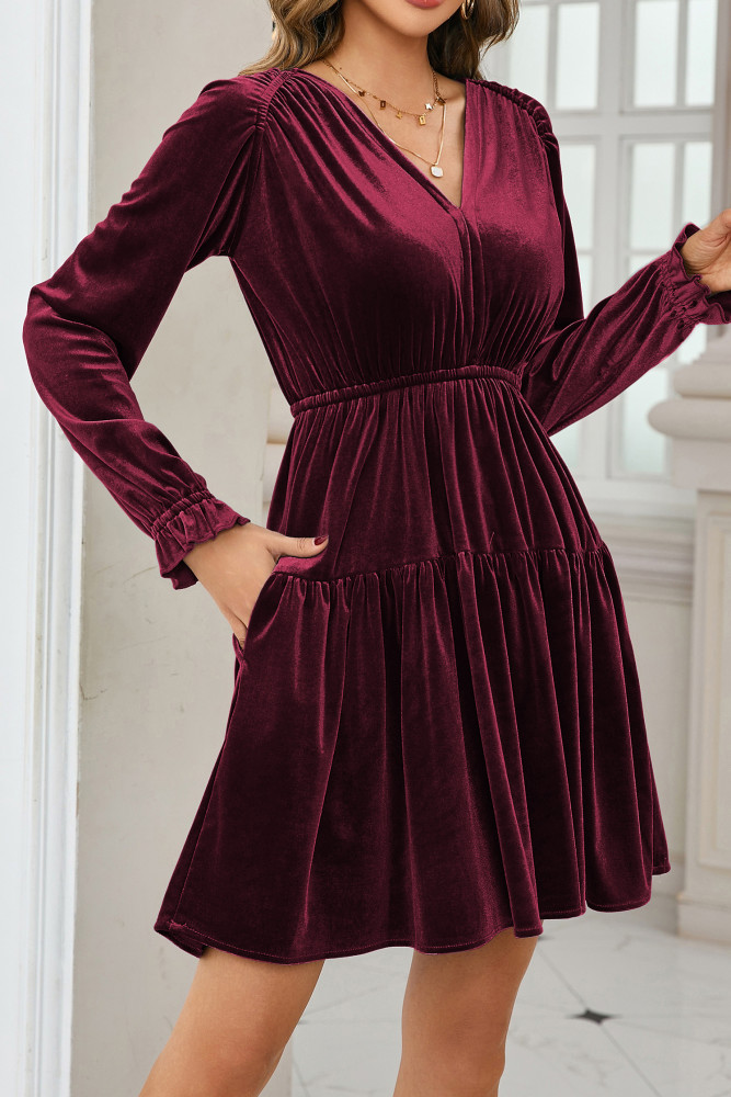 R.Vivimos Womens Fall Velvet Mini Dress V Neck Long Sleeve Elastic Waist Winter Tiered Flowy Swing A-Line Dress with Pockets