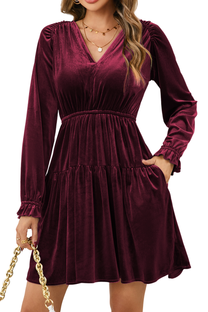 R.Vivimos Womens Fall Velvet Mini Dress V Neck Long Sleeve Elastic Waist Winter Tiered Flowy Swing A-Line Dress with Pockets