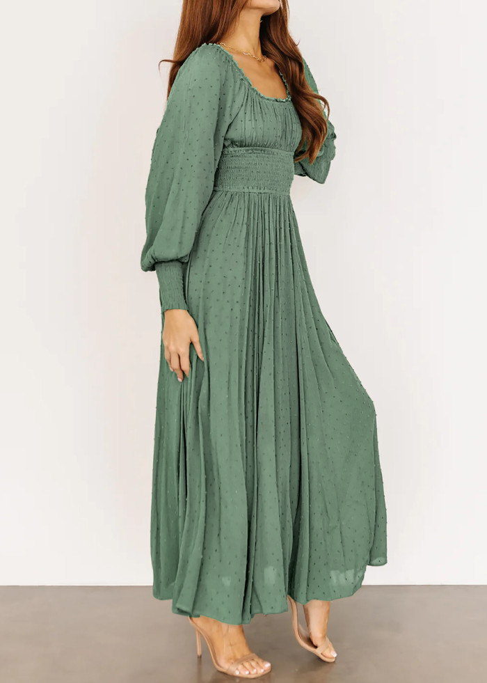 R.Vivimos Women's Puff Long Sleeve Maxi Dress Square Neck Elastic Empire Waist Swiss Dots Casual Flowy A-Line Long Dresses