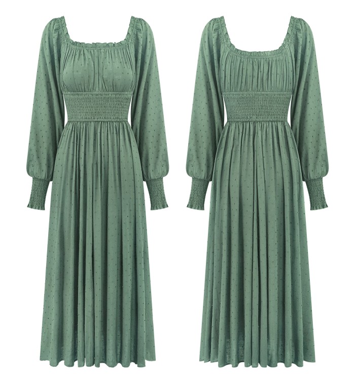 R.Vivimos Women's Puff Long Sleeve Maxi Dress Square Neck Elastic Empire Waist Swiss Dots Casual Flowy A-Line Long Dresses