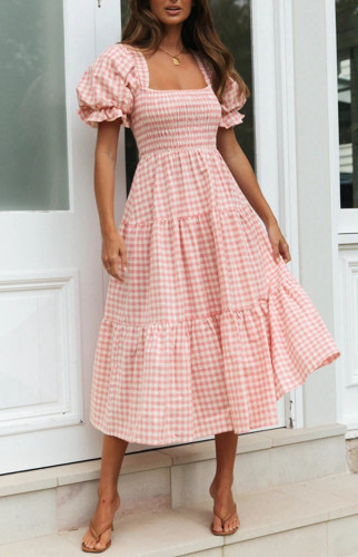 R.Vivimos Summer Boho Plaid Midi Dresses for Women 2025 Puff Sleeve Square Neck Casual Smocked Ruffle Tiered Flowy Dresses
