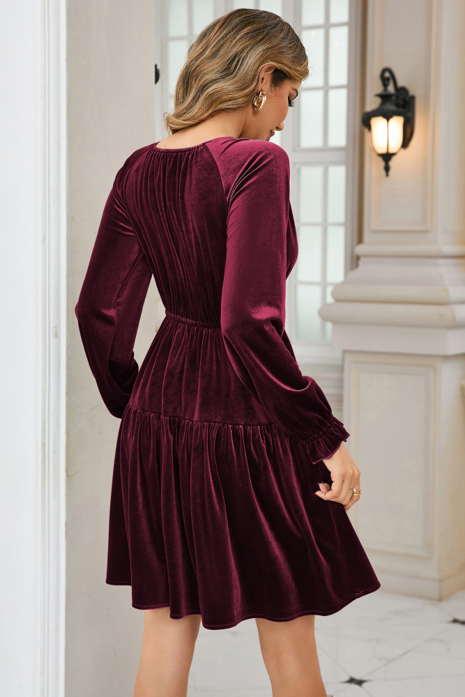 R.Vivimos Womens Fall Velvet Mini Dress V Neck Long Sleeve Elastic Waist Winter Tiered Flowy Swing A-Line Dress with Pockets