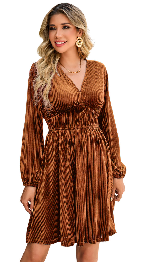 R.Vivimos Womens Fall Winter Velvet Striped Mini Dress 2025 Long Sleeve V Neck Elastic High Waist Elegant Casual A-Line Dress