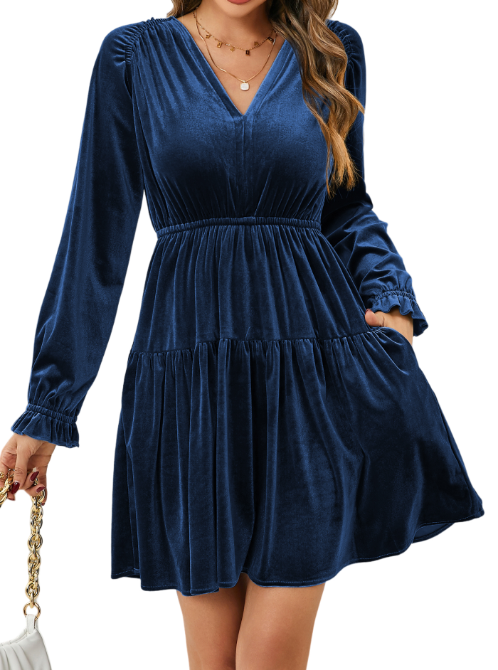 R.Vivimos Womens Fall Velvet Mini Dress V Neck Long Sleeve Elastic Waist Winter Tiered Flowy Swing A-Line Dress with Pockets