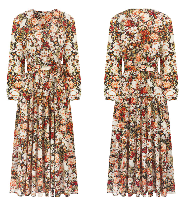 R.Vivimos Women's Fall Long Sleeve Casual Dresses Wrap V Neck Polka Dots Tiered Ruffle Flowy Midi Dress with Belt