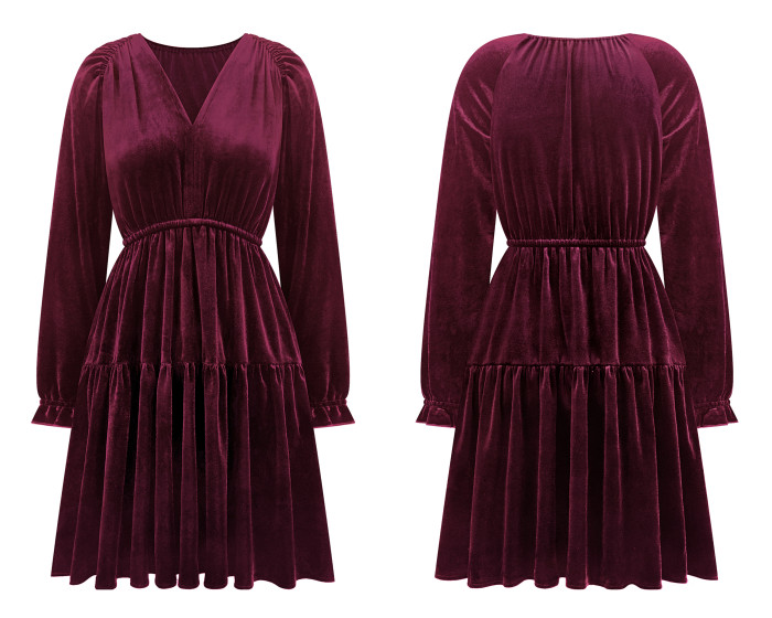R.Vivimos Womens Fall Velvet Mini Dress V Neck Long Sleeve Elastic Waist Winter Tiered Flowy Swing A-Line Dress with Pockets