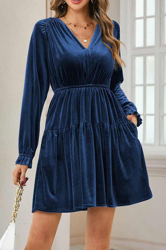 R.Vivimos Womens Fall Velvet Mini Dress V Neck Long Sleeve Elastic Waist Winter Tiered Flowy Swing A-Line Dress with Pockets