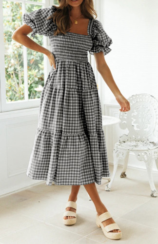 R.Vivimos Summer Boho Plaid Midi Dresses for Women 2025 Puff Sleeve Square Neck Casual Smocked Ruffle Tiered Flowy Dresses