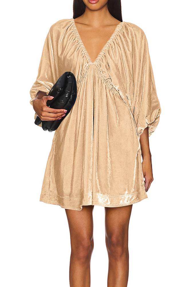 R.Vivimos Womens Fall Velvet Tunic Dress 2024 Trendy Sexy Deep V Neck 3/4 Sleeve Elastic Waist Loose Mini Dress with Pockets