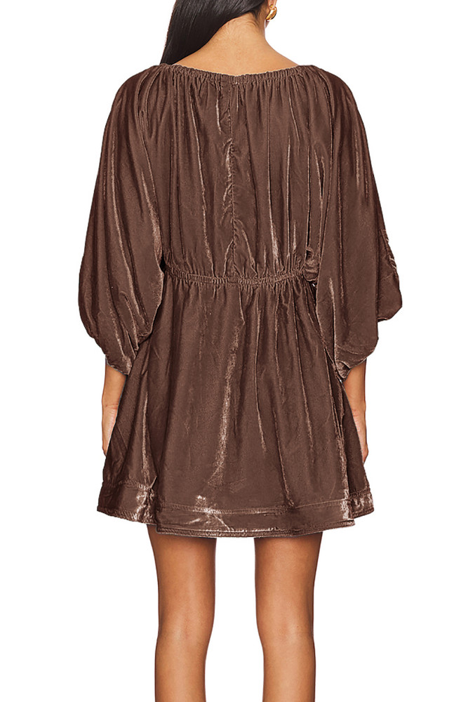 R.Vivimos Womens Fall Velvet Tunic Dress 2024 Trendy Sexy Deep V Neck 3/4 Sleeve Elastic Waist Loose Mini Dress with Pockets