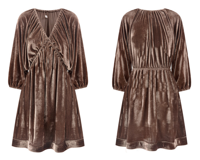 R.Vivimos Womens Fall Velvet Tunic Dress 2024 Trendy Sexy Deep V Neck 3/4 Sleeve Elastic Waist Loose Mini Dress with Pockets