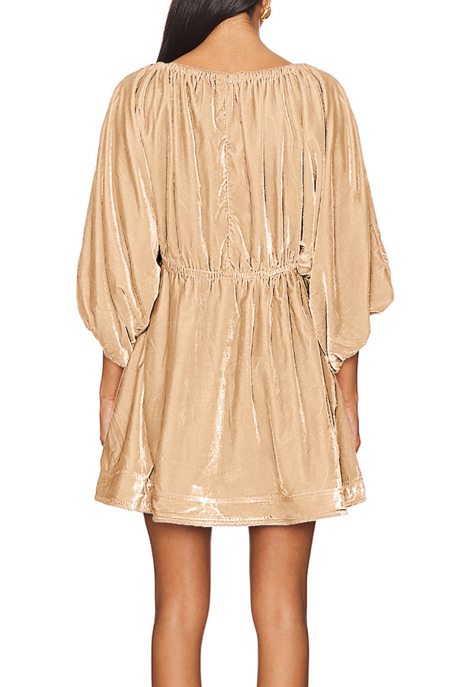 R.Vivimos Womens Fall Velvet Tunic Dress 2024 Trendy Sexy Deep V Neck 3/4 Sleeve Elastic Waist Loose Mini Dress with Pockets