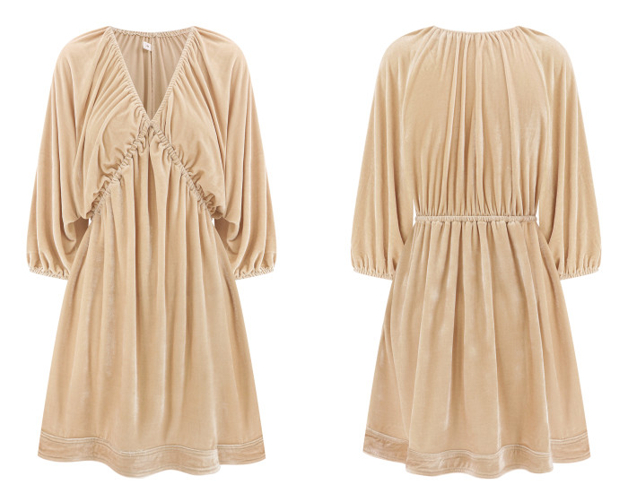 R.Vivimos Womens Fall Velvet Tunic Dress 2024 Trendy Sexy Deep V Neck 3/4 Sleeve Elastic Waist Loose Mini Dress with Pockets