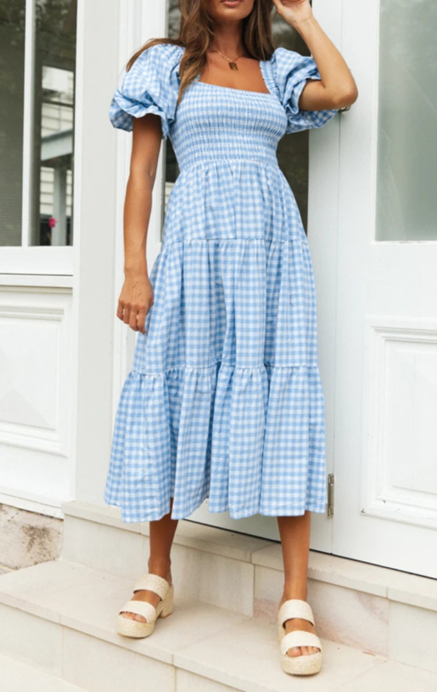 R.Vivimos Summer Boho Plaid Midi Dresses for Women 2025 Puff Sleeve Square Neck Casual Smocked Ruffle Tiered Flowy Dresses