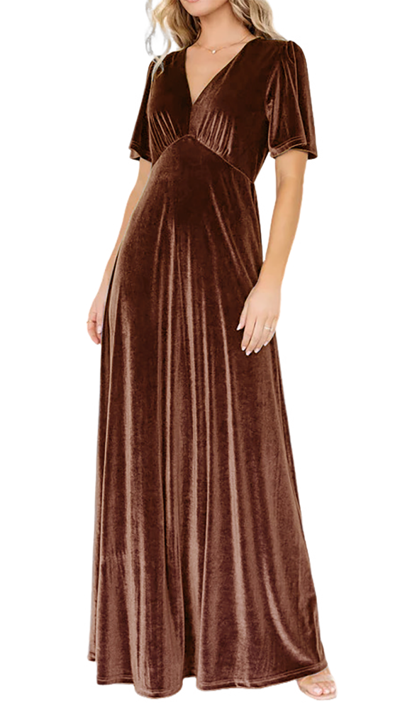 R.Vivimos Womens Fall Velvet Maxi Dress 2025 Short Sleeve V Neck Elegant Vintage Flowy Long Dresses