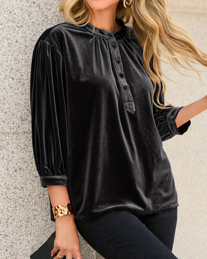 R.Vivimos Fall Tops for Women 2025 Velvet 3/4 Sleeve Henley Button Up Loose Casual Blouses Shirts