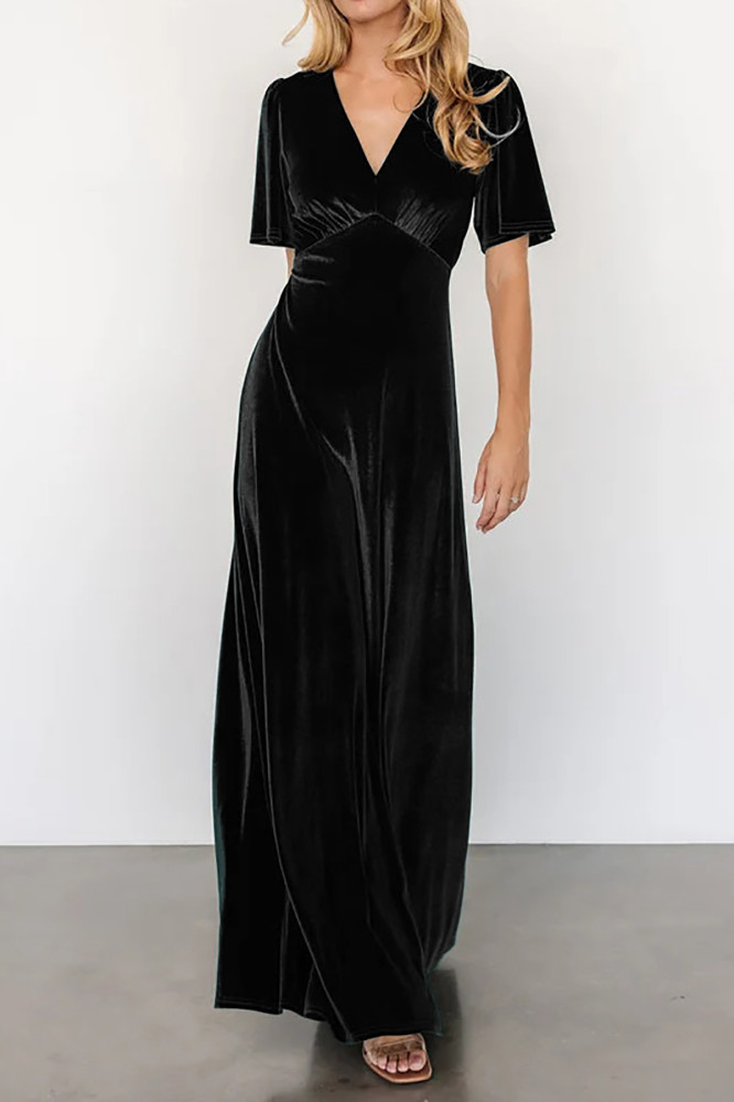 R.Vivimos Womens Fall Velvet Maxi Dress 2025 Short Sleeve V Neck Elegant Vintage Flowy Long Dresses
