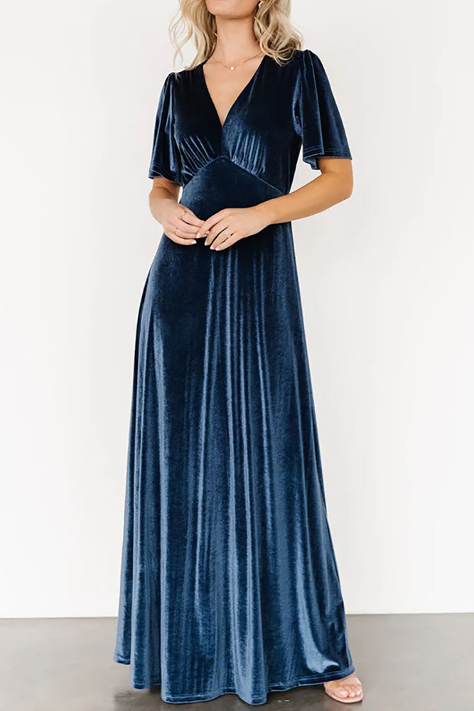 R.Vivimos Womens Fall Velvet Maxi Dress 2025 Short Sleeve V Neck Elegant Vintage Flowy Long Dresses