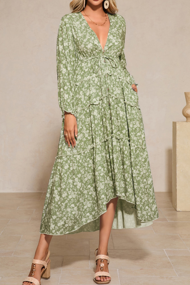 R.Vivimos Fall Floral Dress for Women 2025 Boho Long Sleeve V Neck Drawstring Tie Loose Tiered Flowy Midi Dress with Pockets