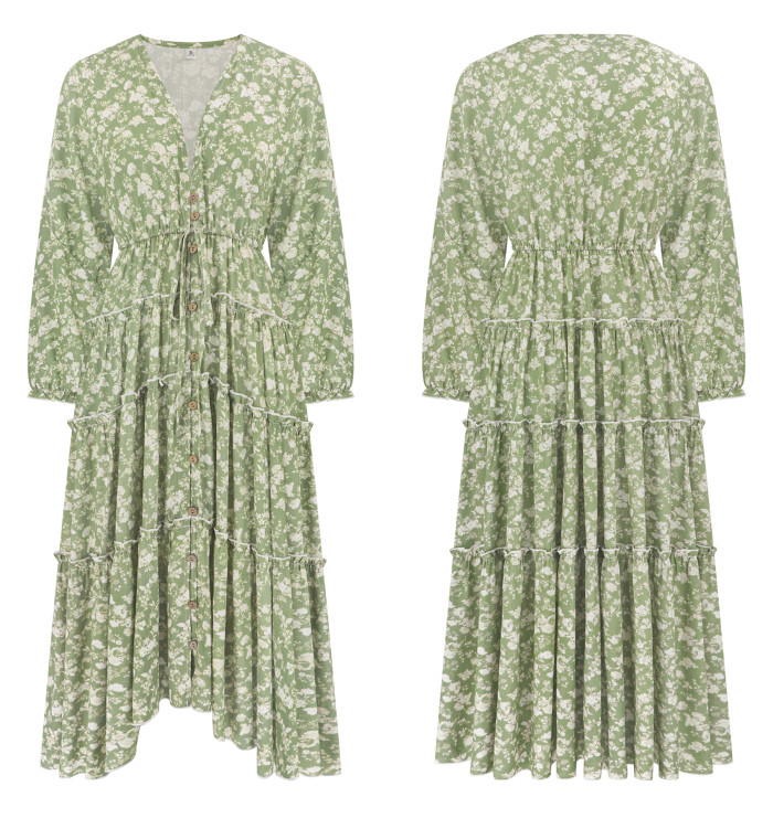 R.Vivimos Fall Floral Dress for Women 2025 Boho Long Sleeve V Neck Drawstring Tie Loose Tiered Flowy Midi Dress with Pockets