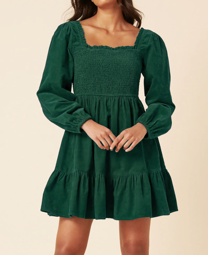 R.Vivimos Womens 2025 Fall Corduroy Cotton Long Sleeve Square Neck Elastic Smocked A-Line Ruffle Mini Dress